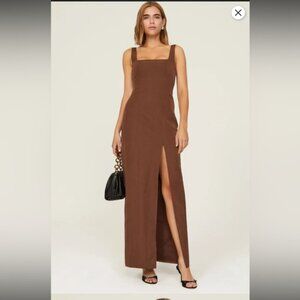 STAUD Chocolate Brown Midi Dress, high thigh slit size 6